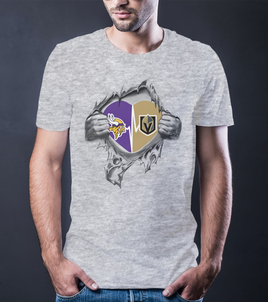 Golden Knights And Vikings Heartbeat Symbol With Torn T-Shirt
