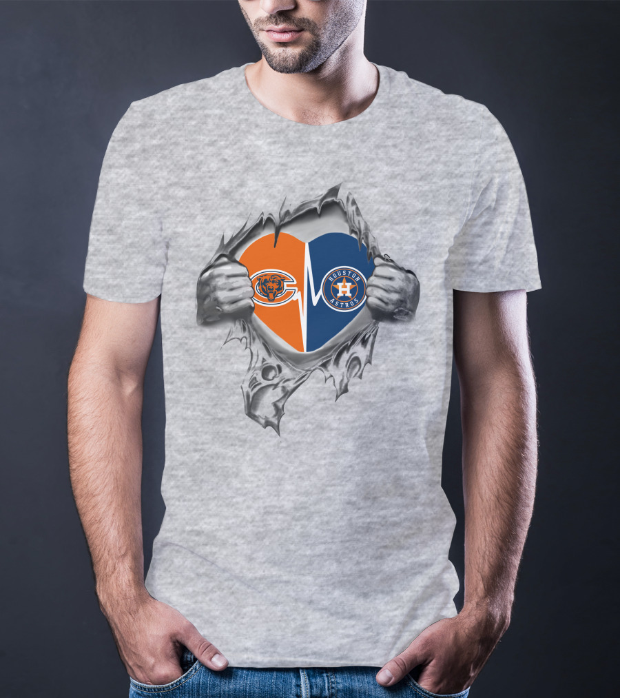 Houston Astros Chicago Bears Heart Logo Torn Fabric T-Shirt