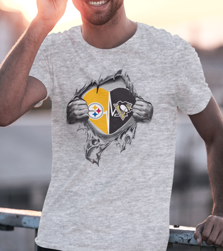 Steelers Penguins Heart With Steelers Star And Penguins Hockey T-Shirt