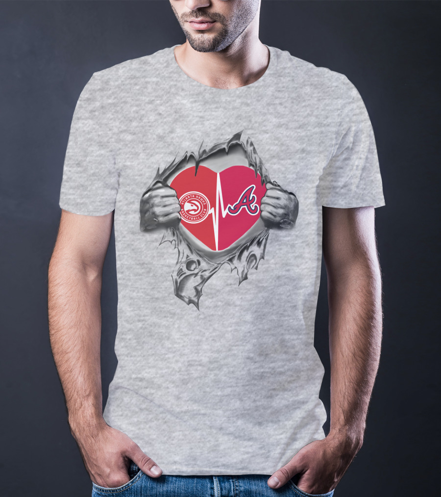 Atlanta Braves Hawks Heartbeat Logo In Torn Fabric T-Shirt