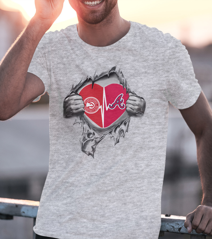 Atlanta Braves Hawks Heartbeat Logo In Torn Fabric T-Shirt