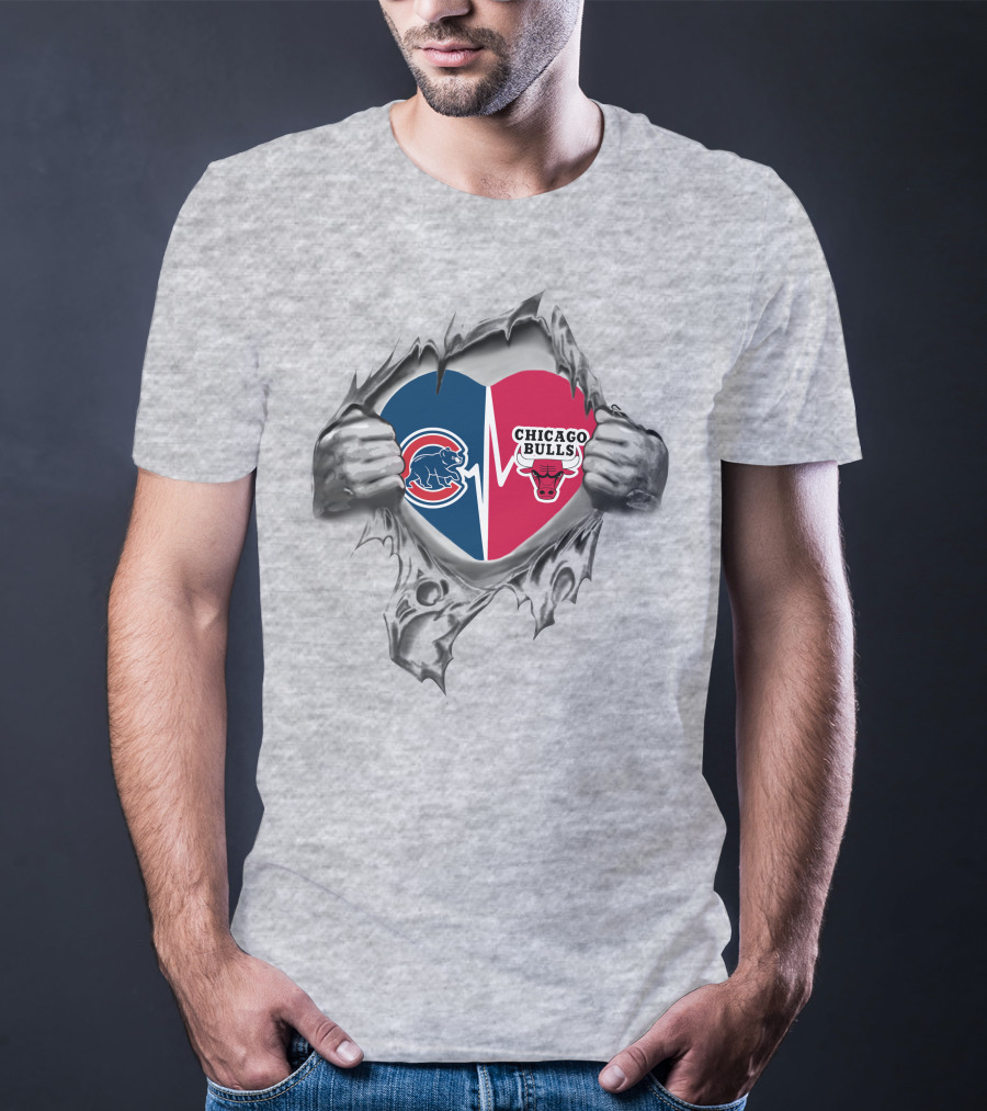 Chicago Cubs Chicago Bulls Heart Logo Torn Reveal T-Shirt