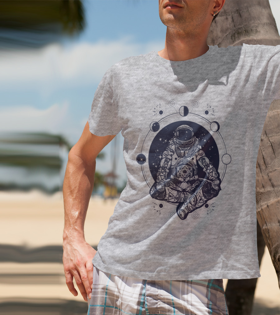 Zen Astronaut Meditating In Cosmic Orbit With Geometric Star Map T-Shirt