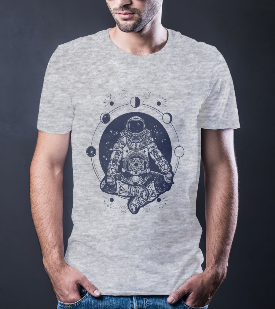 Zen Astronaut Meditating In Cosmic Orbit With Geometric Star Map T-Shirt