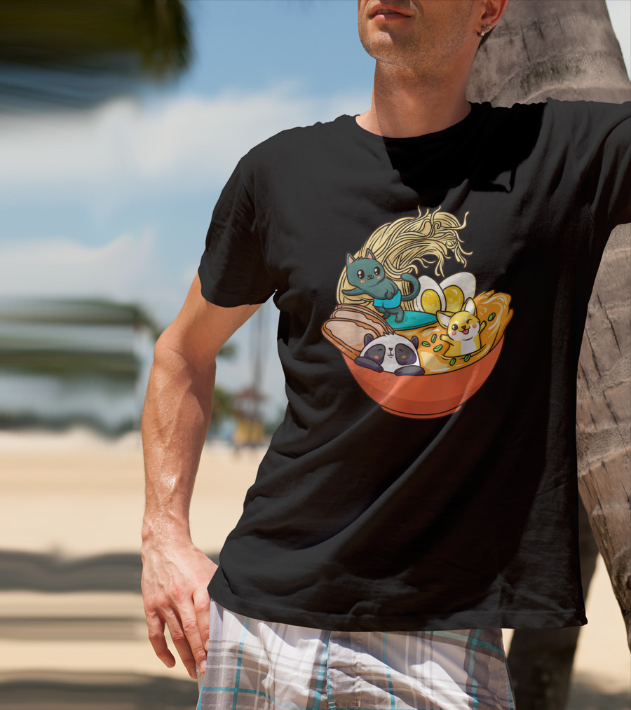 Cute Kawaii Cat Panda Dog In Ramen Bowl Japanese Anime Noodle T-Shirt