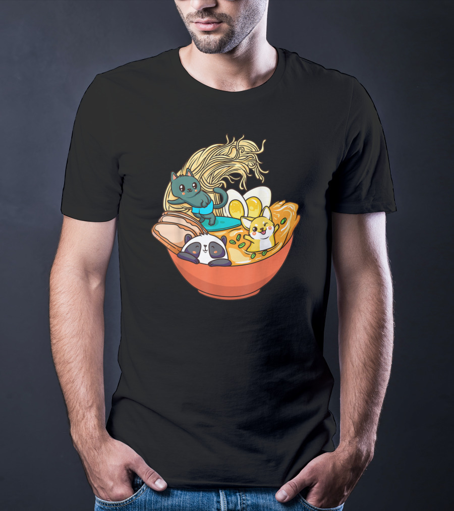 Cute Kawaii Cat Panda Dog In Ramen Bowl Japanese Anime Noodle T-Shirt
