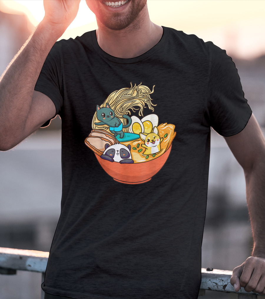 Cute Kawaii Cat Panda Dog In Ramen Bowl Japanese Anime Noodle T-Shirt