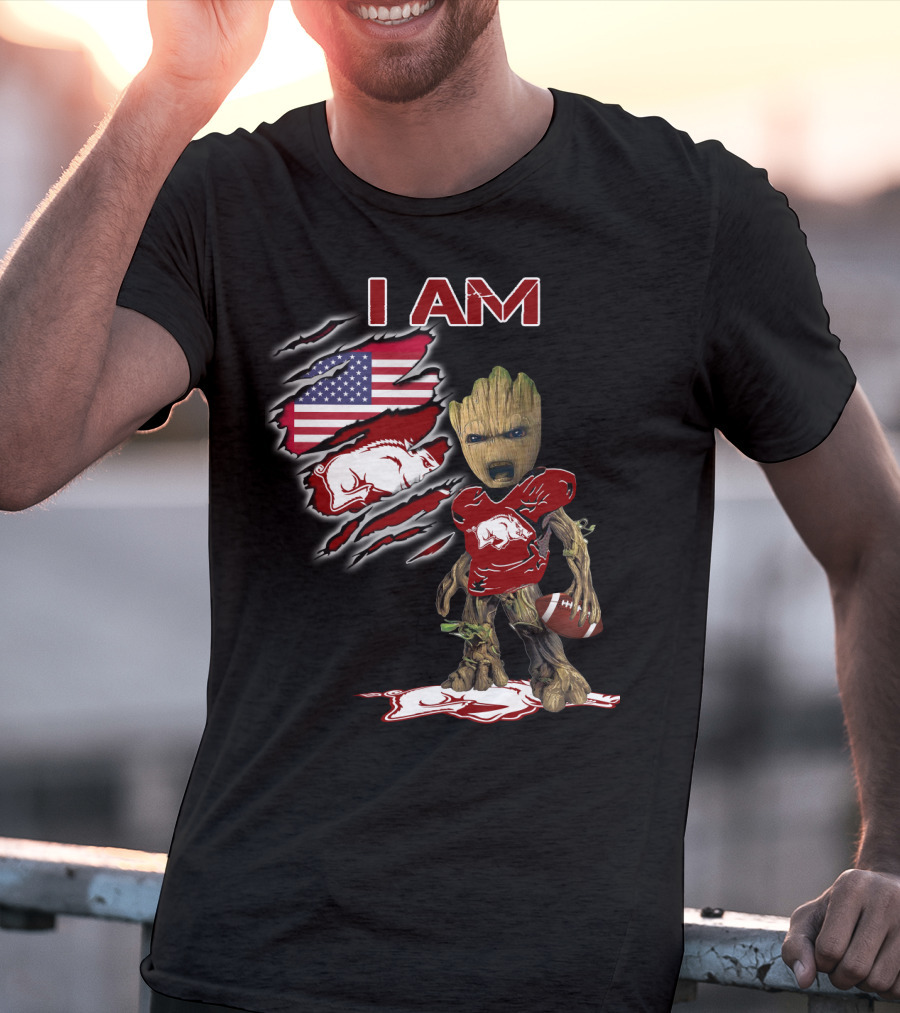I Am Baby Groot Arkansas Razorbacks Football American Flag T-Shirt