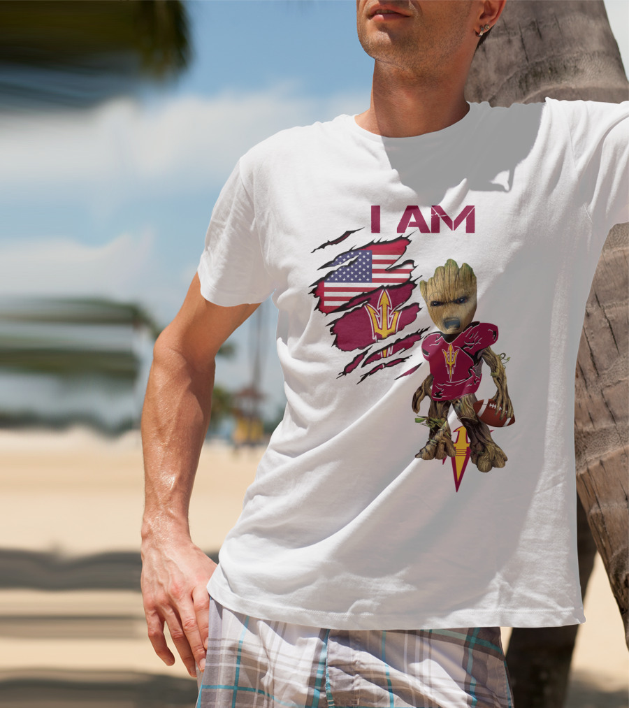 I Am ASU Baby Groot Football American Flag T-Shirt