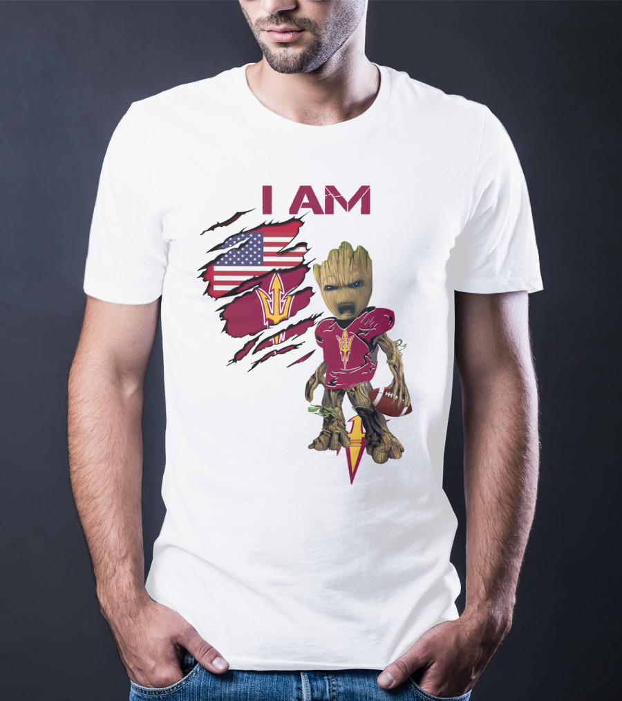 I Am ASU Baby Groot Football American Flag T-Shirt