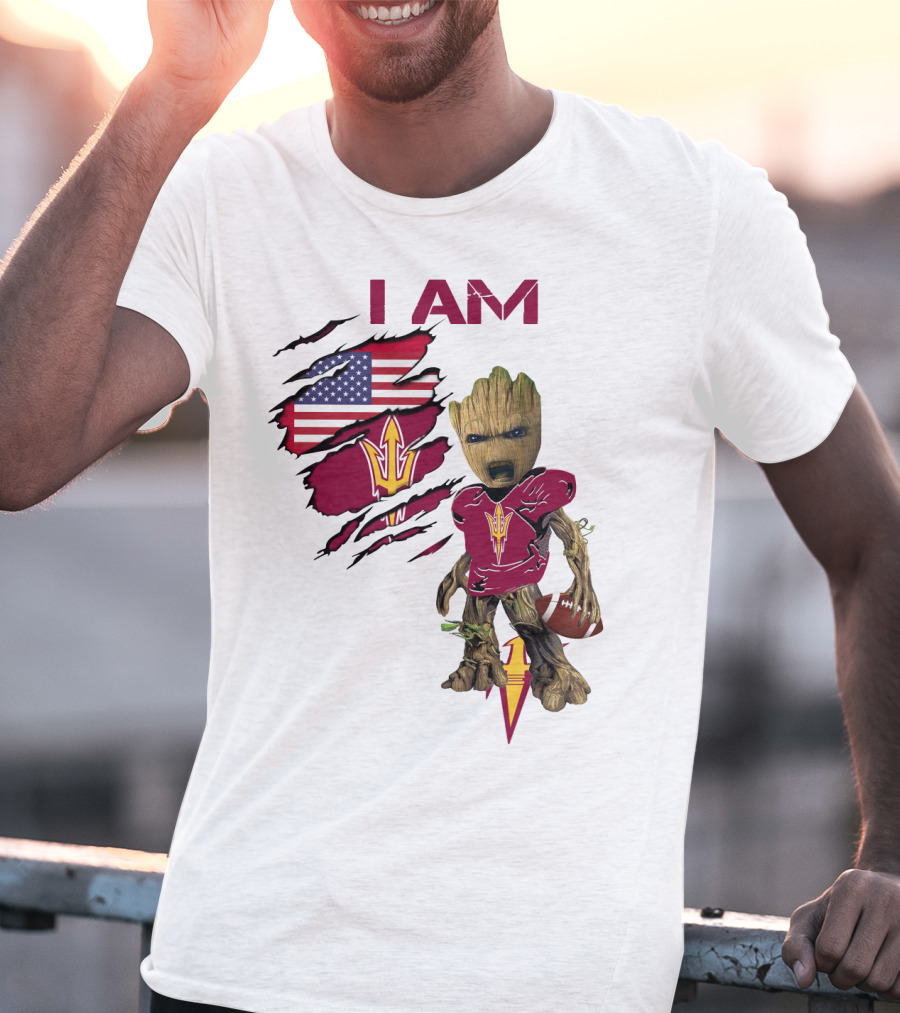 I Am ASU Baby Groot Football American Flag T-Shirt