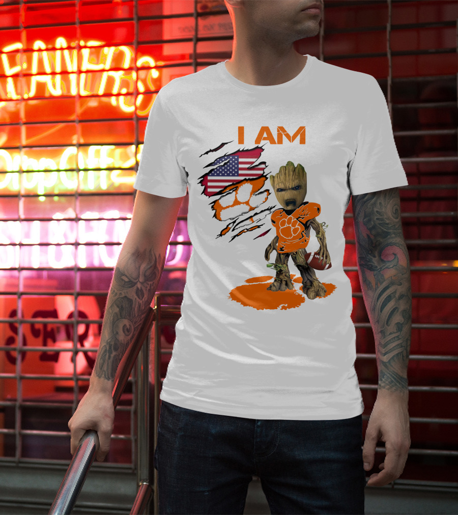 I AM Clemson Baby Groot American Flag Tiger Paw Football T-Shirt