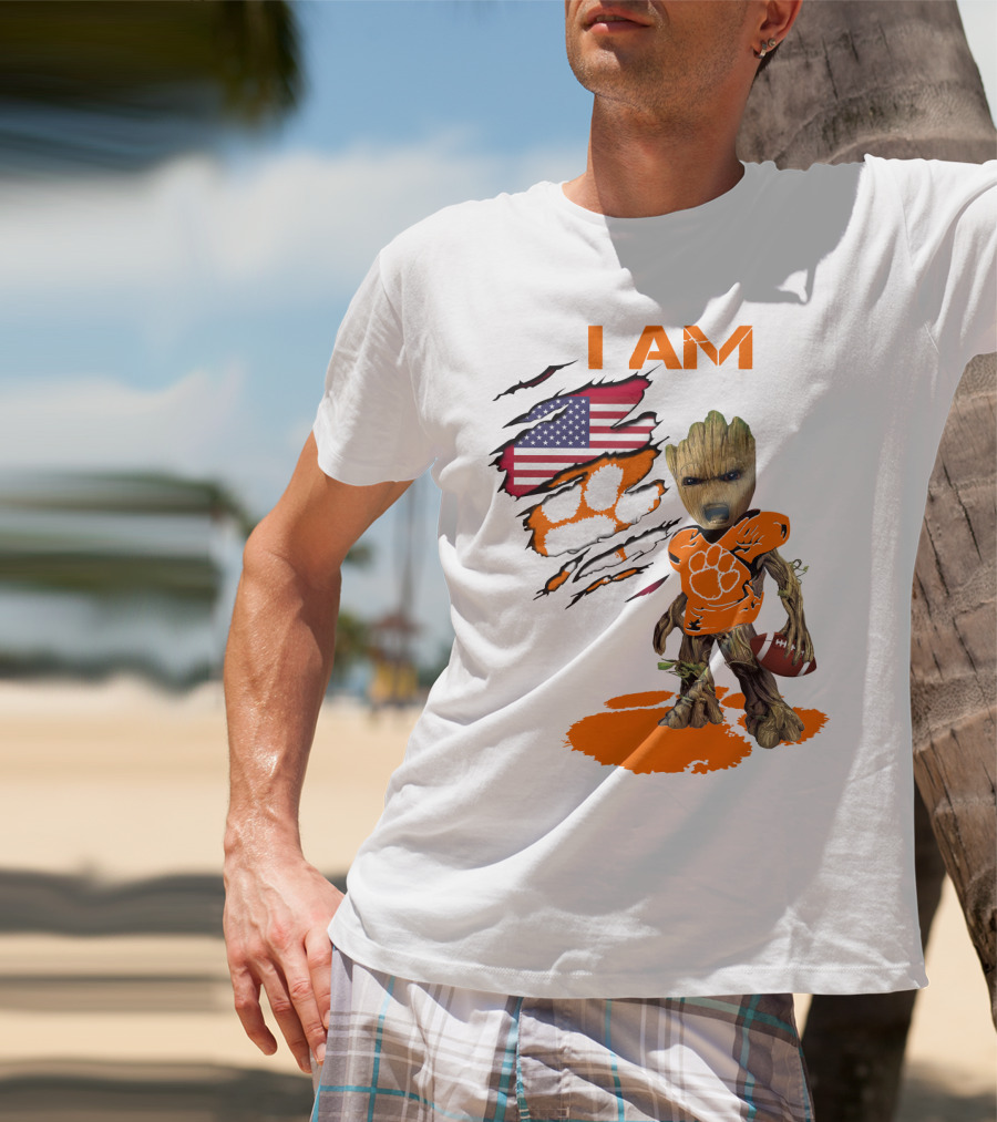 I AM Clemson Baby Groot American Flag Tiger Paw Football T-Shirt