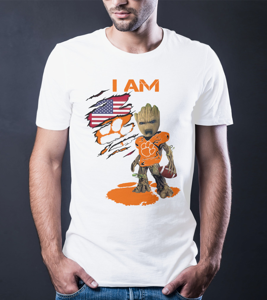 I AM Clemson Baby Groot American Flag Tiger Paw Football T-Shirt