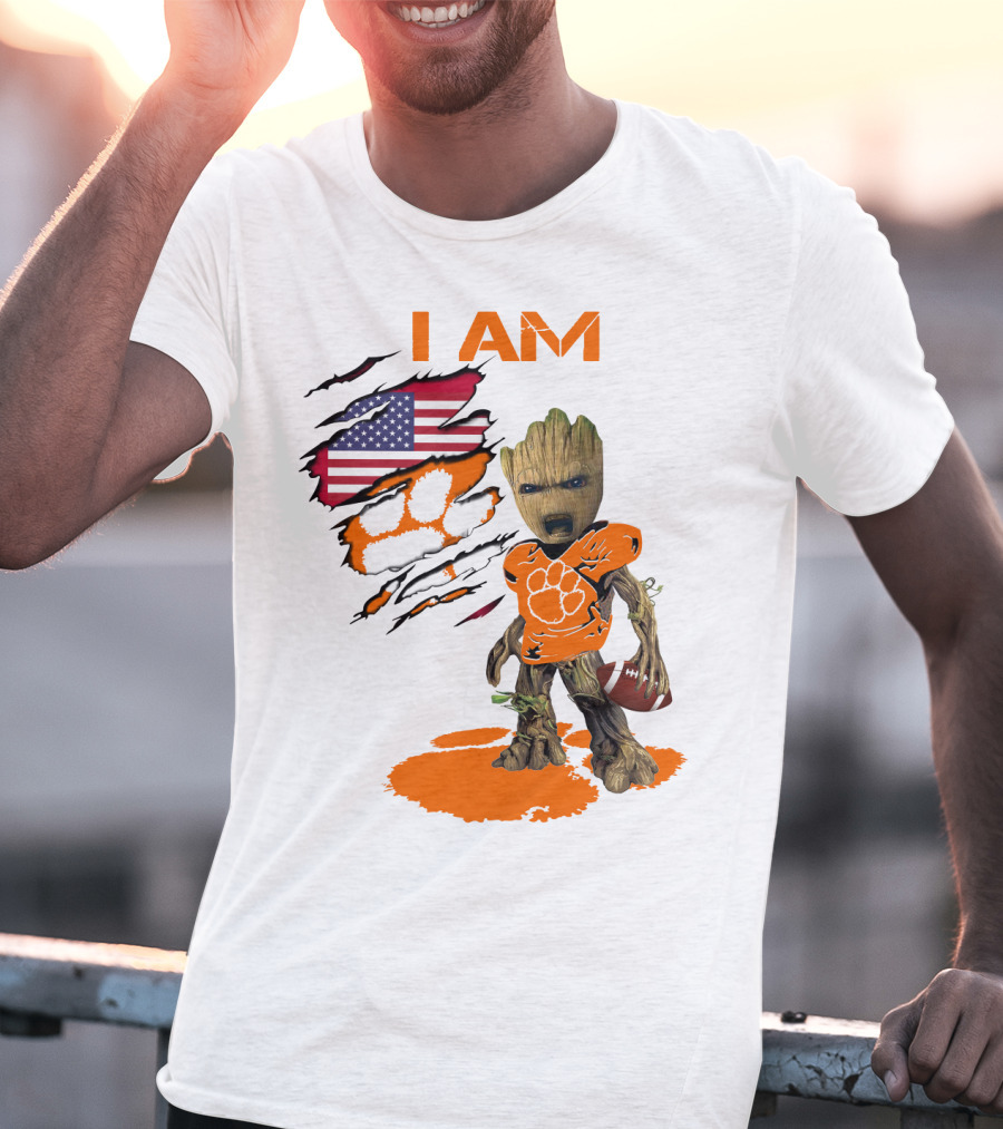 I AM Clemson Baby Groot American Flag Tiger Paw Football T-Shirt