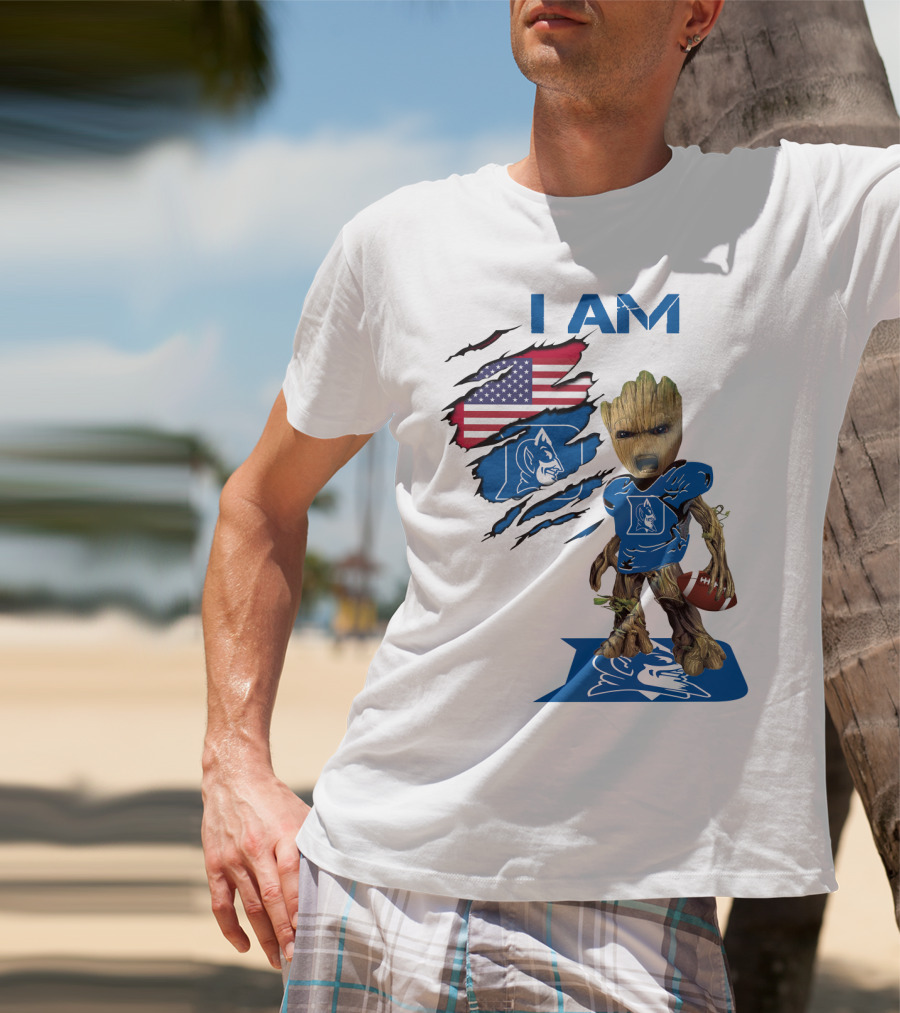 I Am Duke Baby Groot Holding Football With American Flag T-Shirt