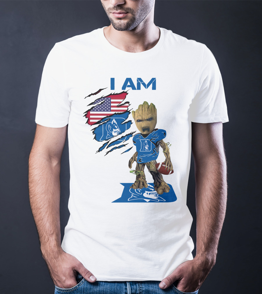 I Am Duke Baby Groot Holding Football With American Flag T-Shirt