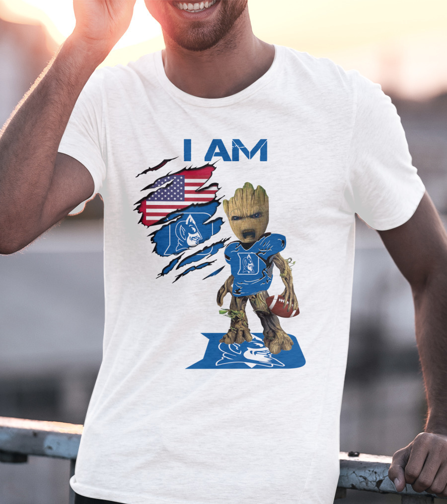 I Am Duke Baby Groot Holding Football With American Flag T-Shirt