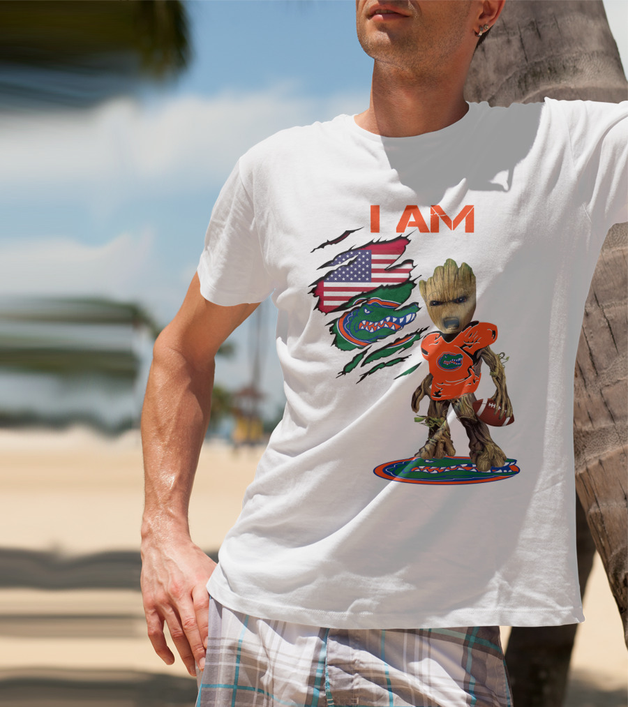 I Am Gators Baby Groot Football USA Flag T-Shirt