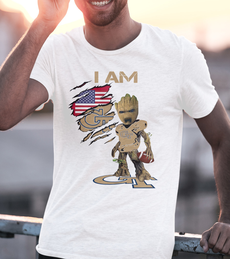 I AM Geo Baby Groot Football GT American Flag T-Shirt