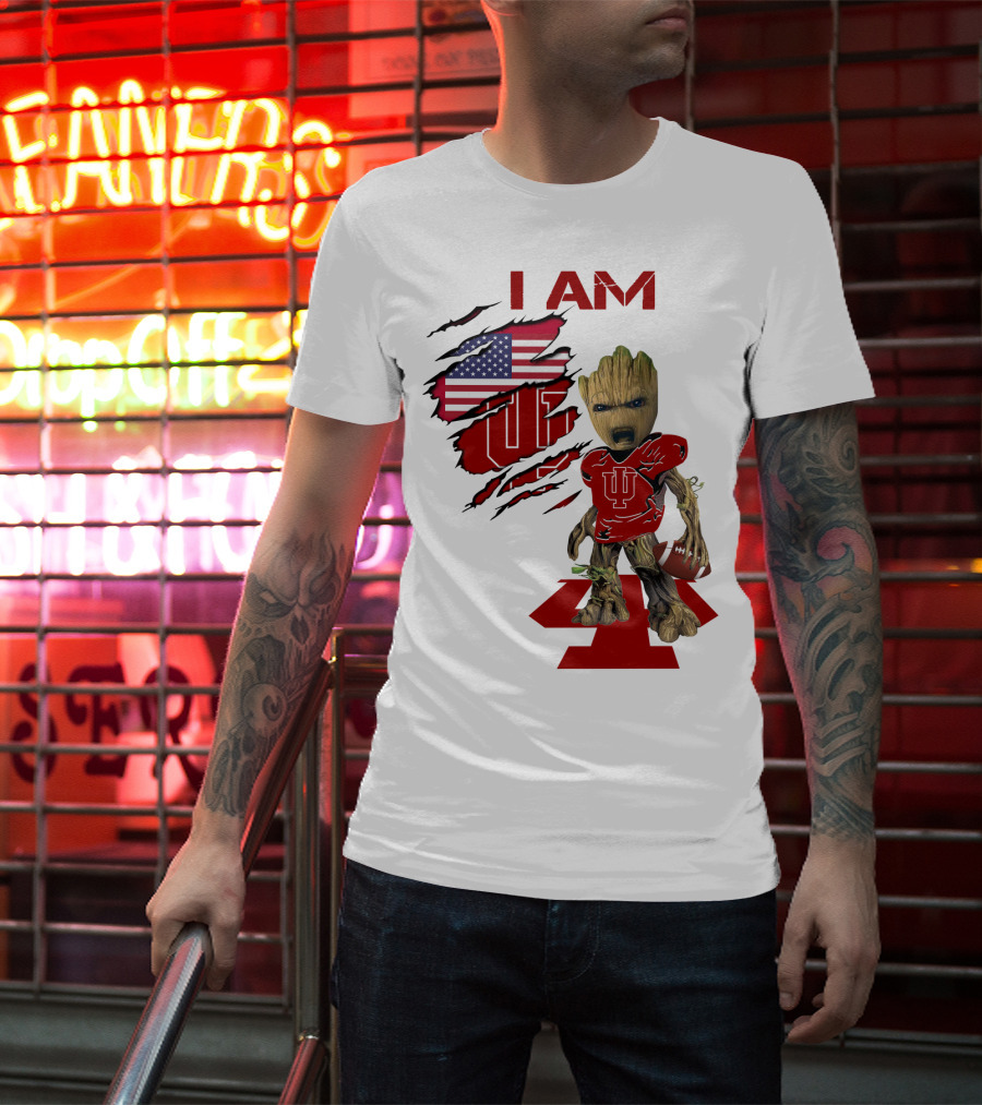 I AM Indiana Hoosiers Baby Groot Football USA Flag T-Shirt
