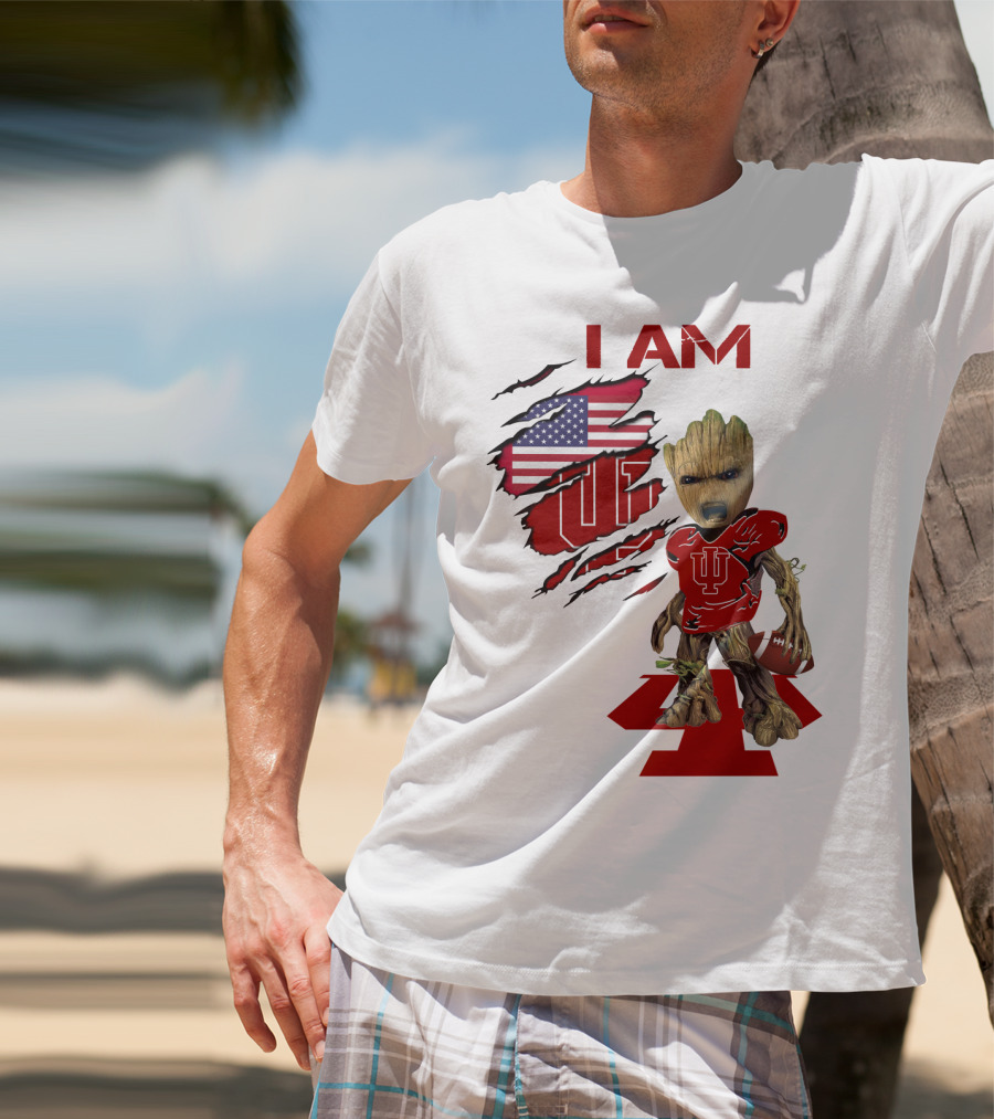 I AM Indiana Hoosiers Baby Groot Football USA Flag T-Shirt