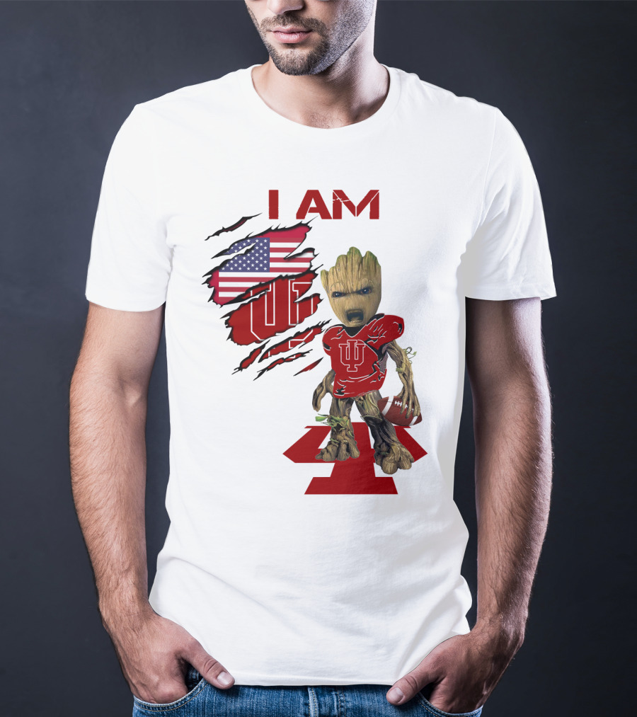 I AM Indiana Hoosiers Baby Groot Football USA Flag T-Shirt