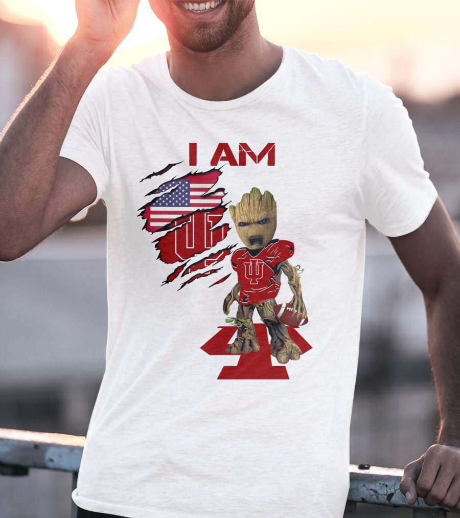 I AM Indiana Hoosiers Baby Groot Football USA Flag T-Shirt