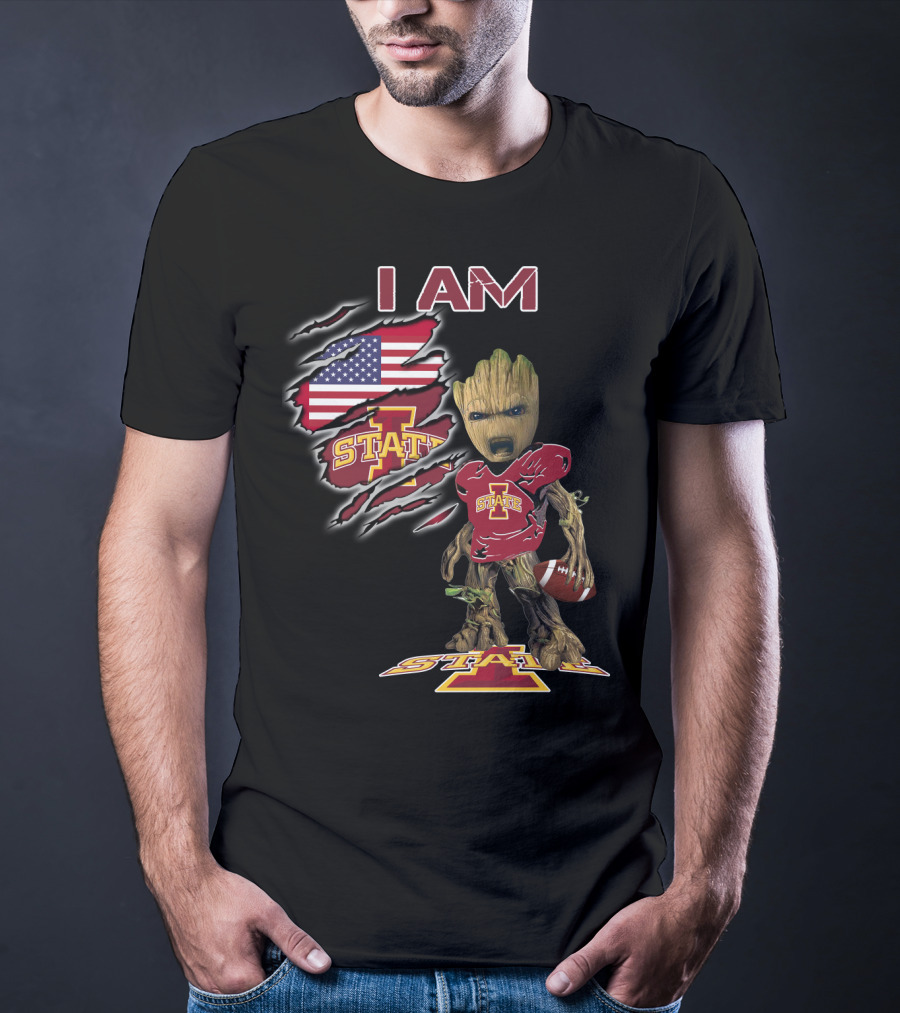 I Am Iowa State Baby Groot Football American Flag T-Shirt