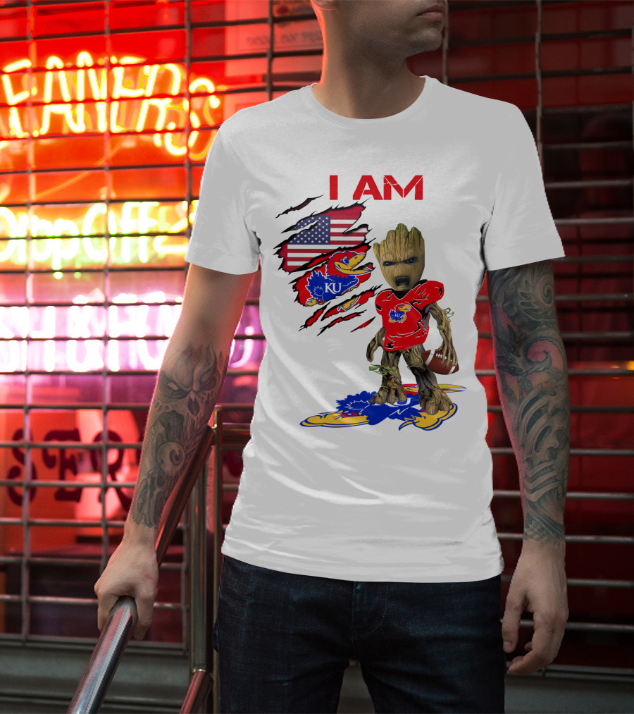 I AM Baby Groot KU Football Jayhawks American Flag T-Shirt