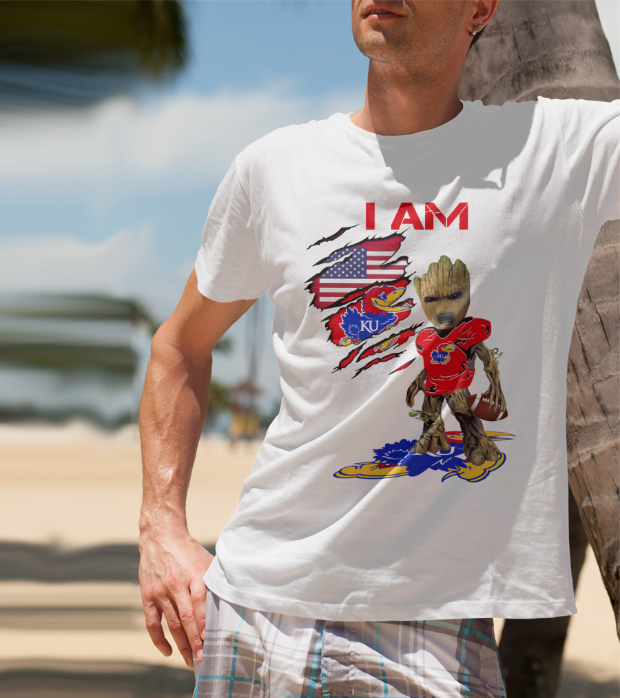 I AM Baby Groot KU Football Jayhawks American Flag T-Shirt