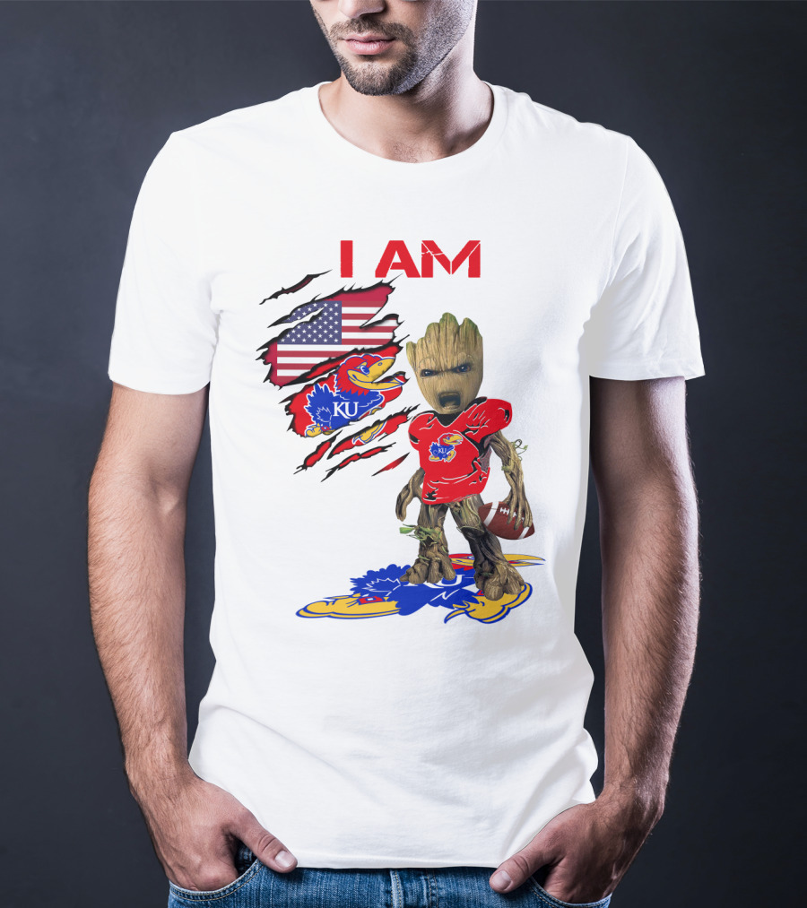 I AM Baby Groot KU Football Jayhawks American Flag T-Shirt