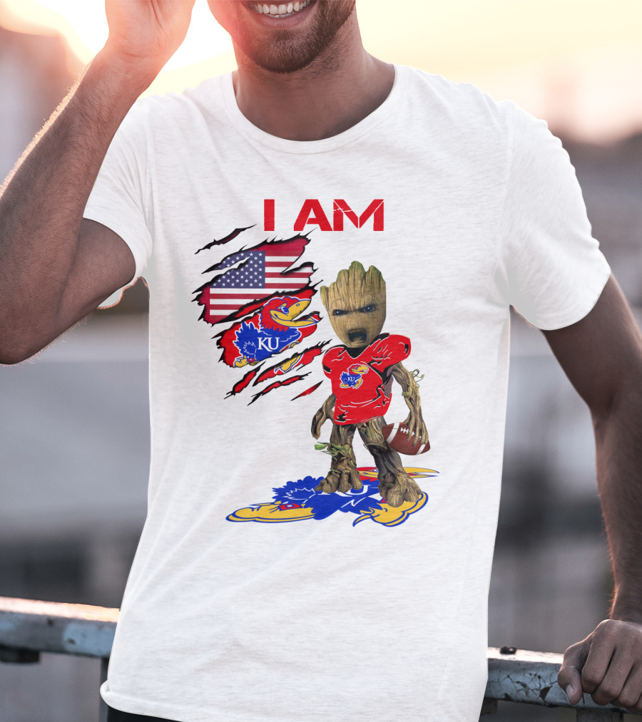 I AM Baby Groot KU Football Jayhawks American Flag T-Shirt