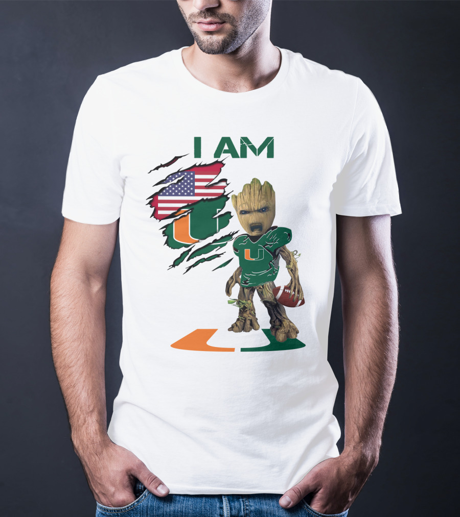 I AM Miami Hurricanes Baby Groot Football USA Flag T-Shirt
