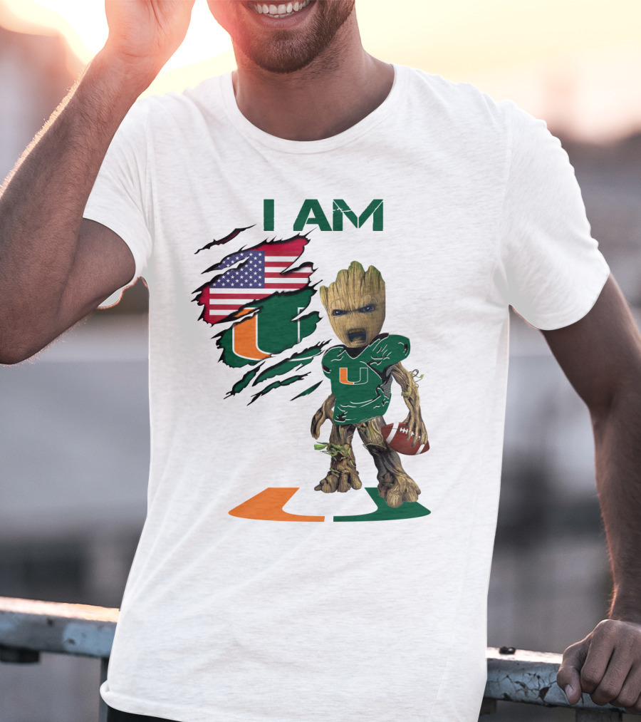 I AM Miami Hurricanes Baby Groot Football USA Flag T-Shirt