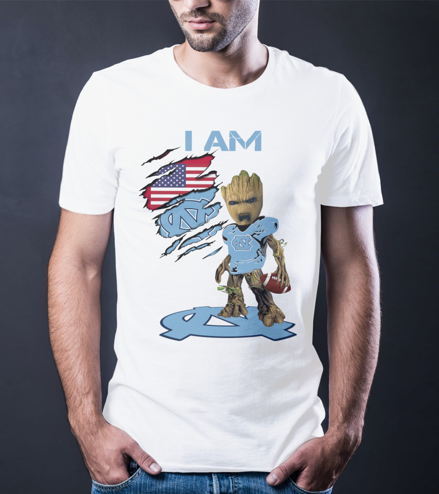 I Am Baby Groot Tarheels Football USA Flag T-Shirt