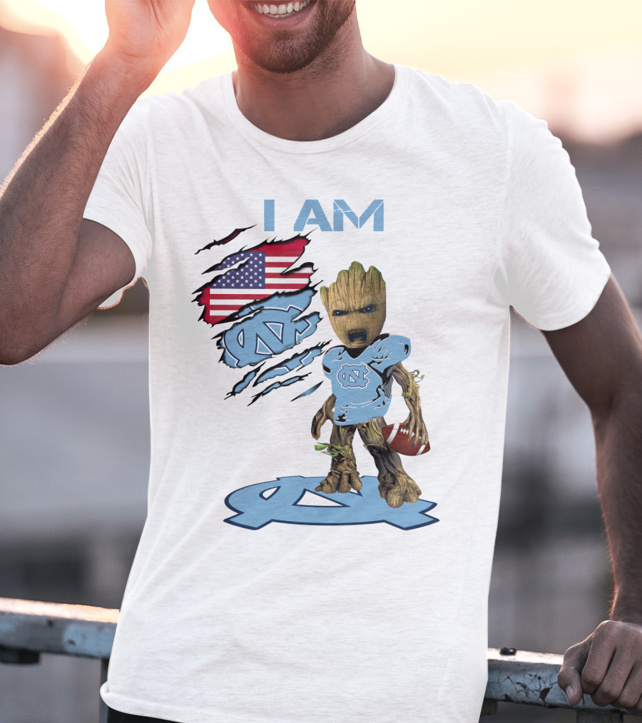 I Am Baby Groot Tarheels Football USA Flag T-Shirt
