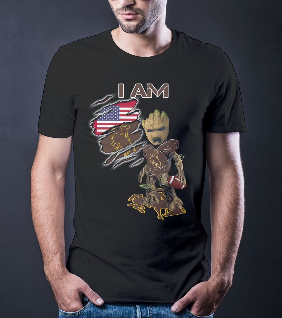 I Am Wyoming Baby Groot American Flag Cowboy Football Player T-Shirt