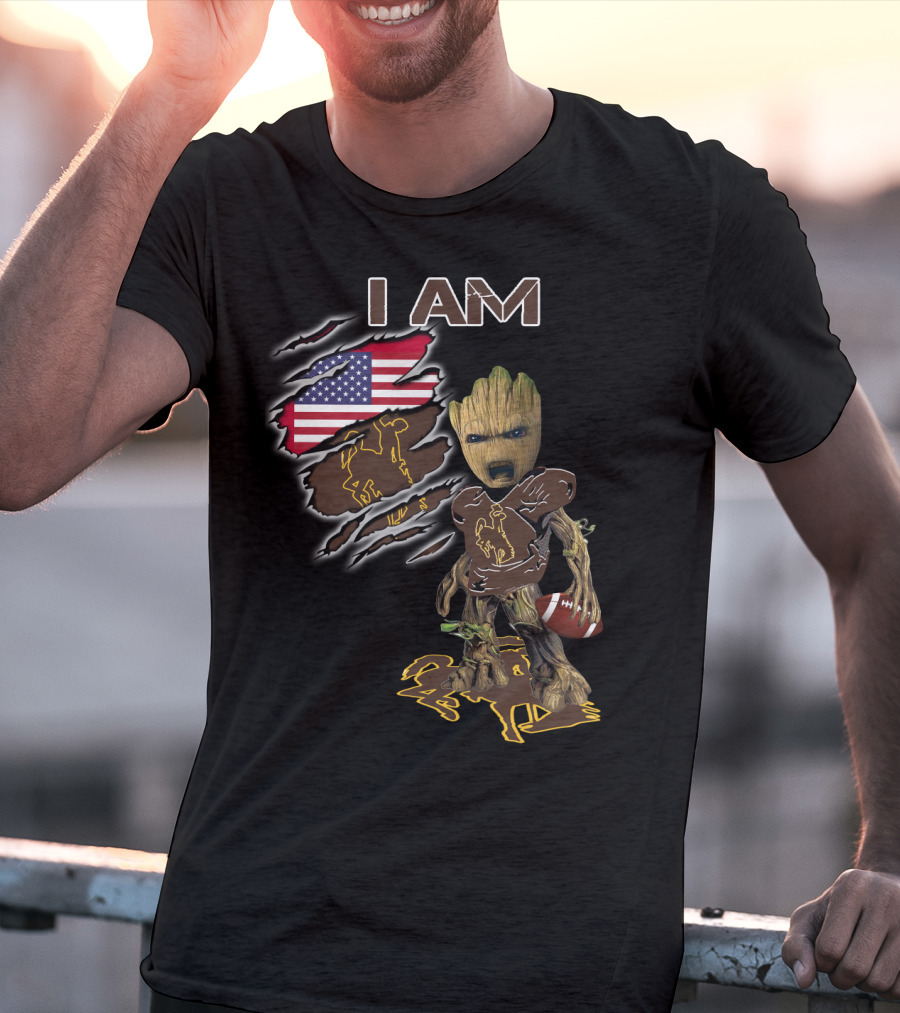 I Am Wyoming Baby Groot American Flag Cowboy Football Player T-Shirt