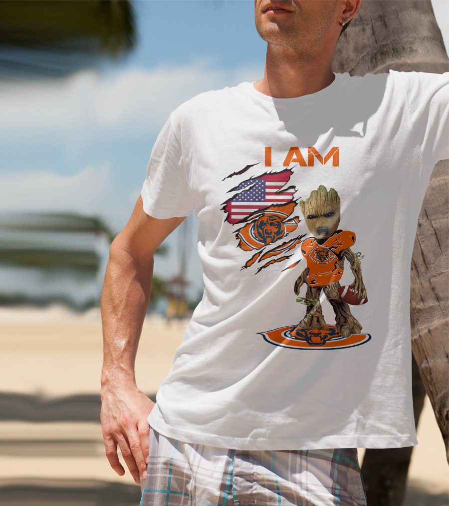 I AM Bears Baby Groot Holding Football With American Flag And Chicago Bears T-Shirt