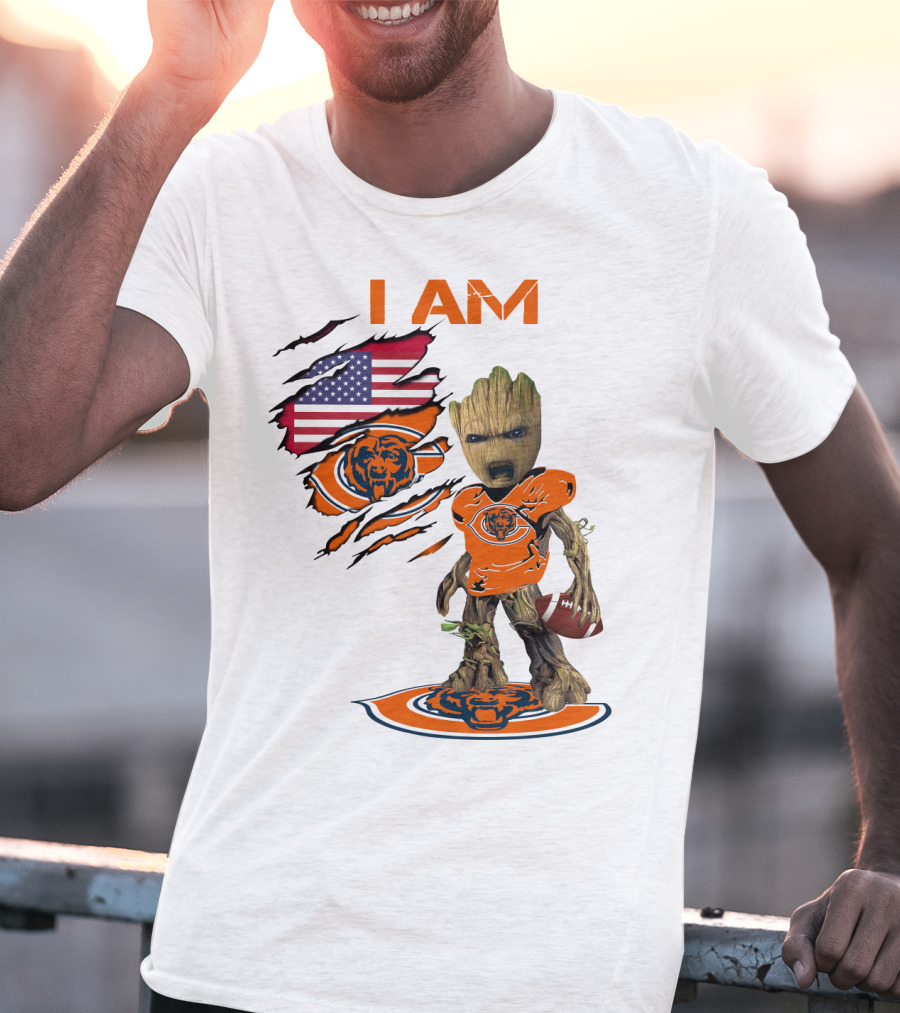 I AM Bears Baby Groot Holding Football With American Flag And Chicago Bears T-Shirt