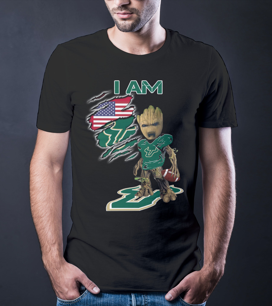 I Am Usf Baby Groot Holding Football With Usa Flag And Bulls T-Shirt