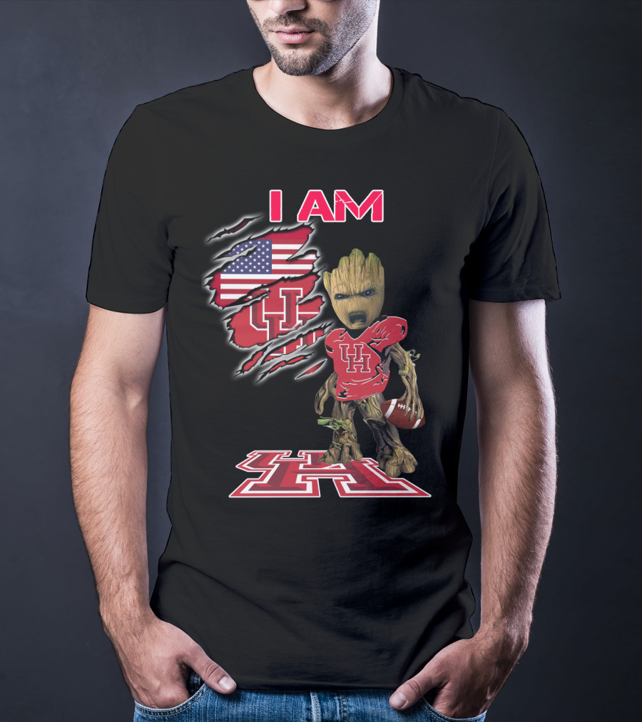 I Am Baby Groot Uh Football American Flag Houston T-Shirt