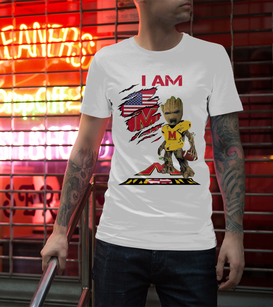 I Am Maryland Baby Groot Football M Logo American Flag T-Shirt