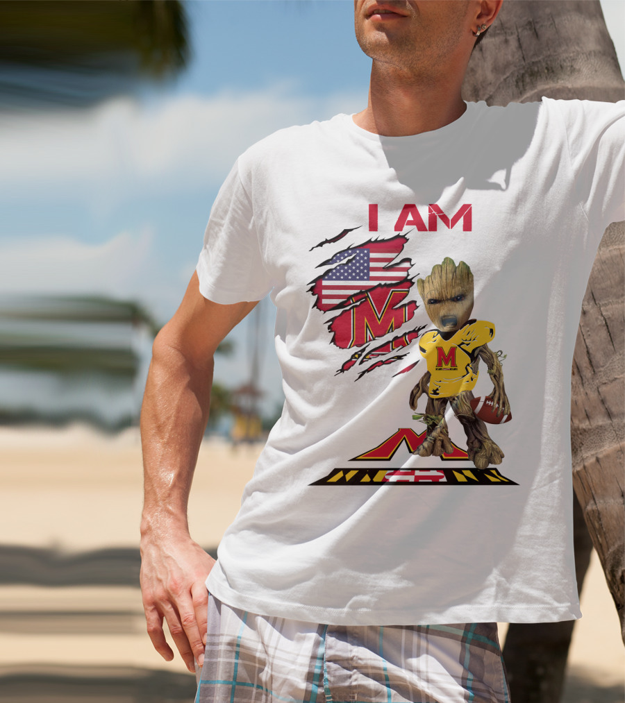 I Am Maryland Baby Groot Football M Logo American Flag T-Shirt