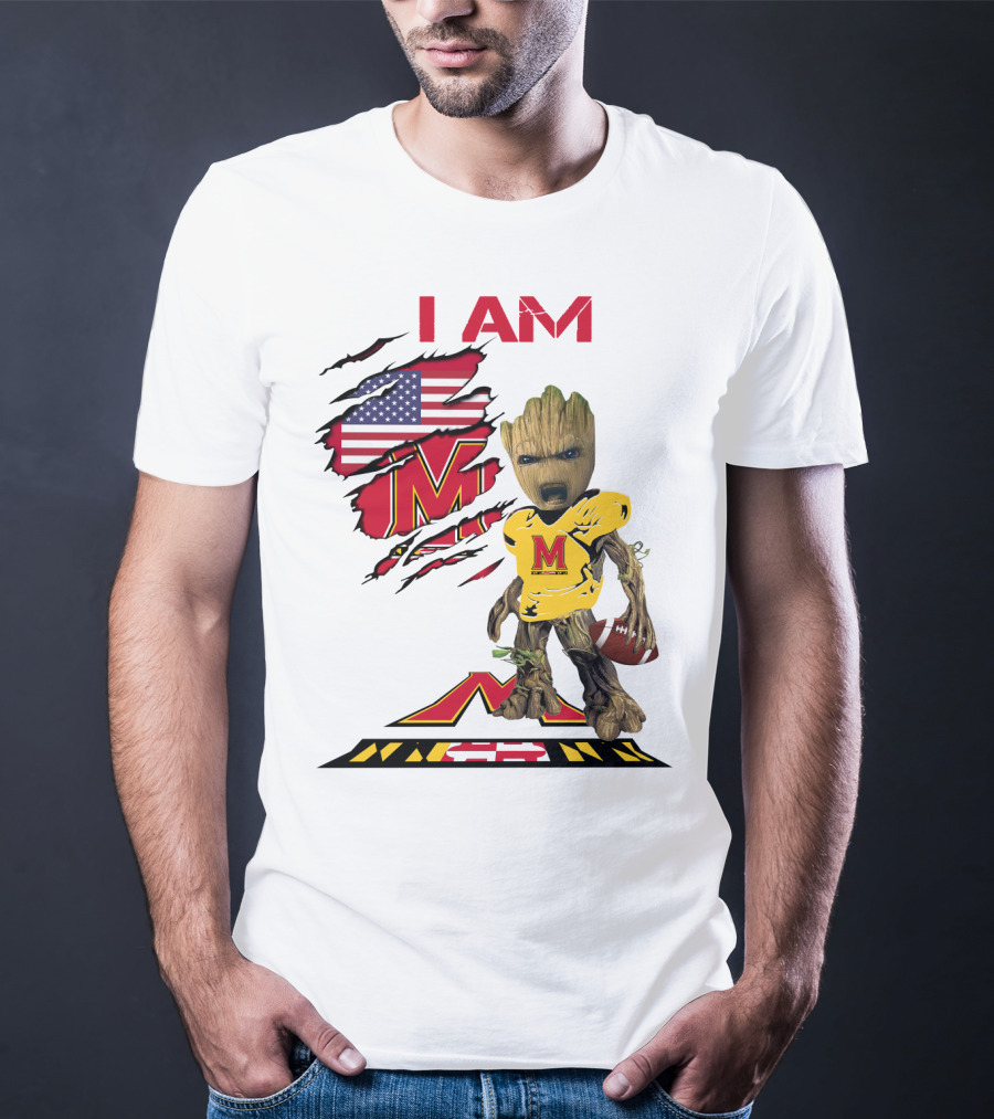 I Am Maryland Baby Groot Football M Logo American Flag T-Shirt