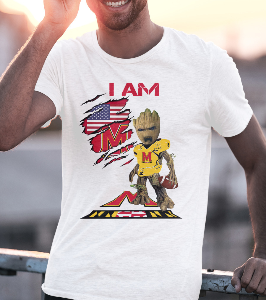 I Am Maryland Baby Groot Football M Logo American Flag T-Shirt