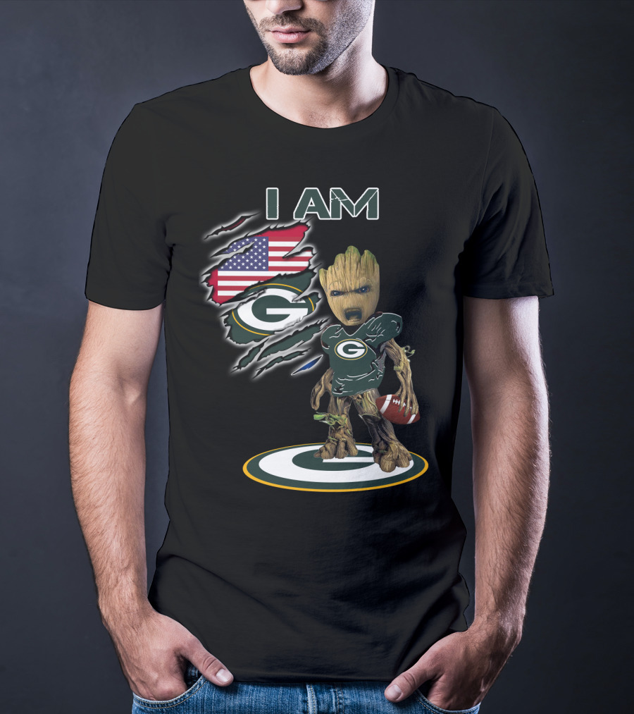 I Am Packers Baby Groot American Flag Football T-Shirt