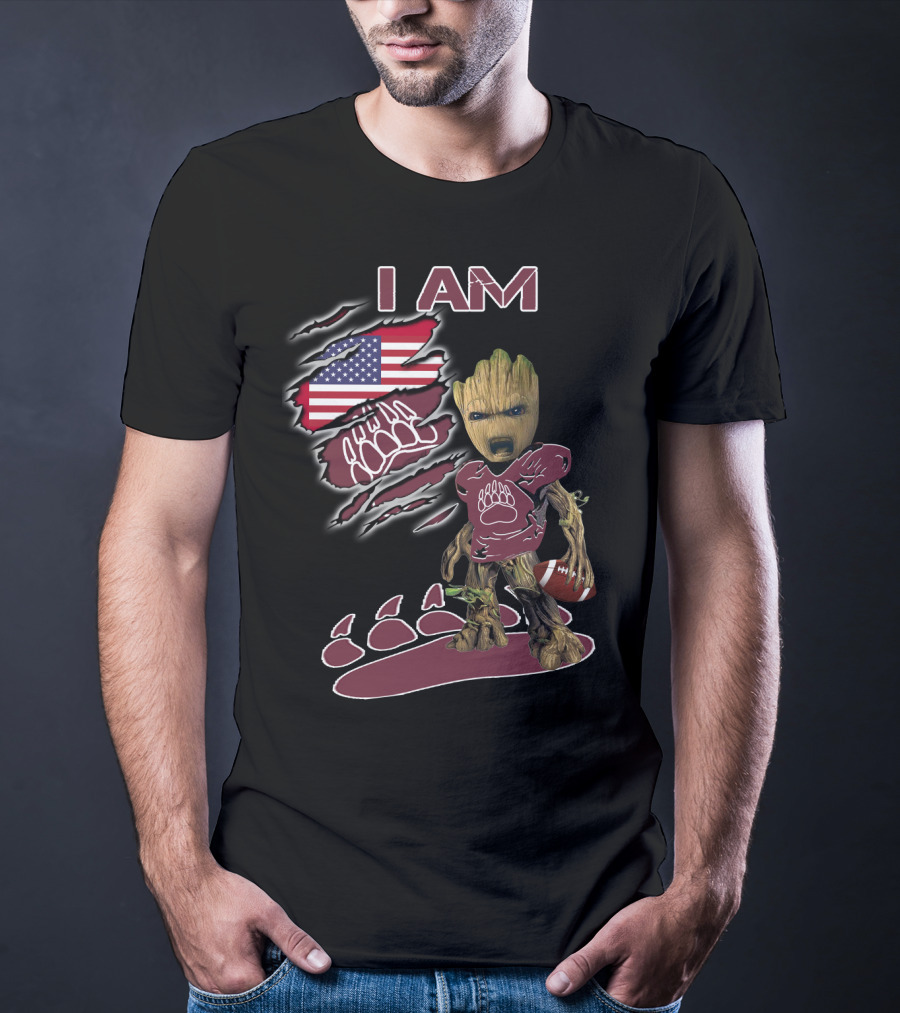I AM American Flag Football Baby Groot Bear Paw T-Shirt