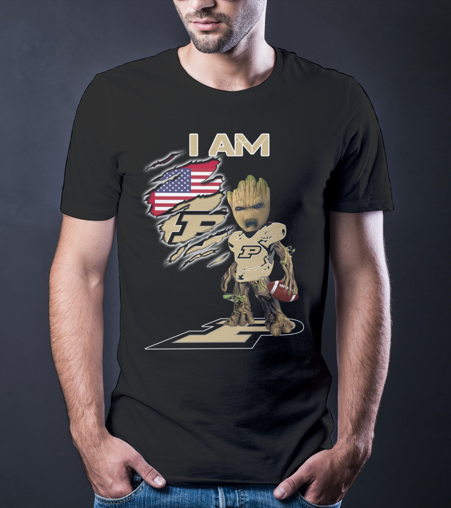 I Am Purdue Baby Groot American Flag Purdue Football T-Shirt